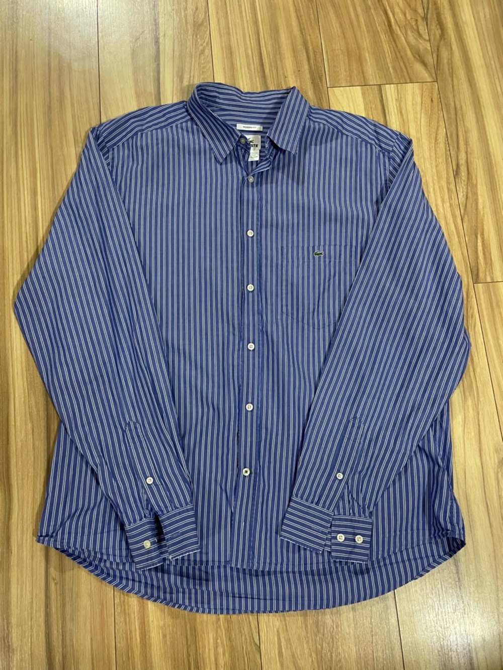 Lacoste Modern Fit Blue and White Vertical Stripe Button-Down Cotton Shirt